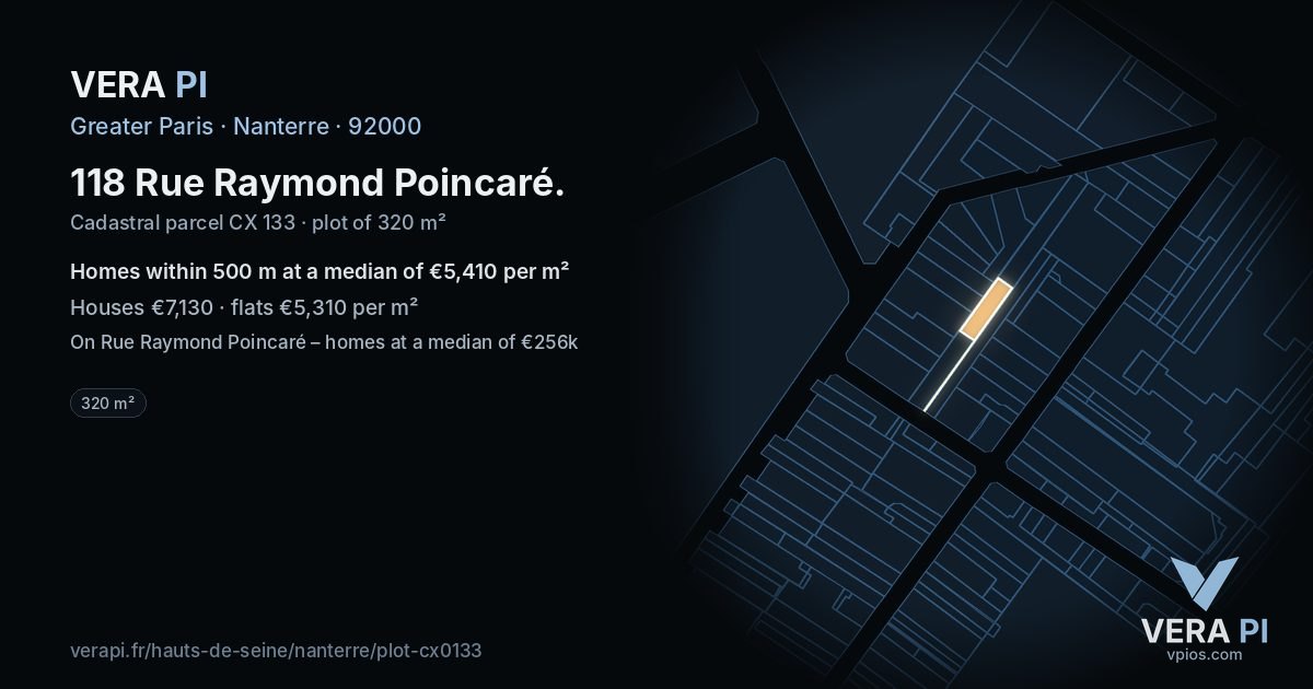 118 Rue Raymond Poincaré, Nanterre at night – the plot lit, the parcels around coloured by the prices near them