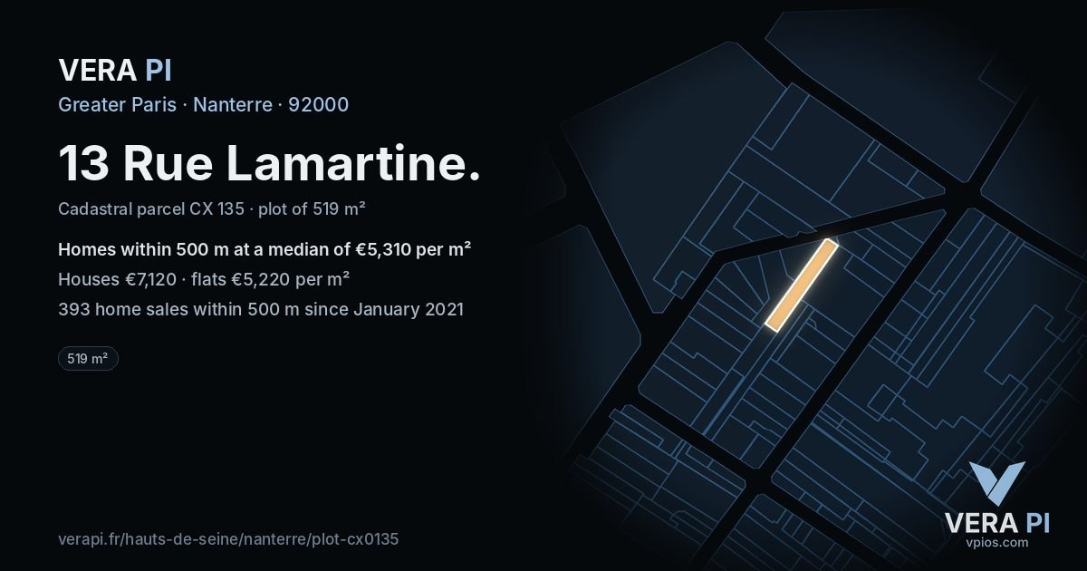 13 Rue Lamartine, Nanterre at night – the plot lit, the parcels around coloured by the prices near them