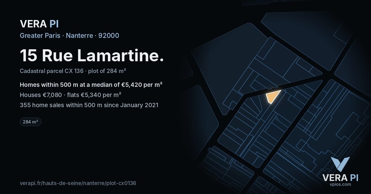 15 Rue Lamartine, Nanterre at night – the plot lit, the parcels around coloured by the prices near them