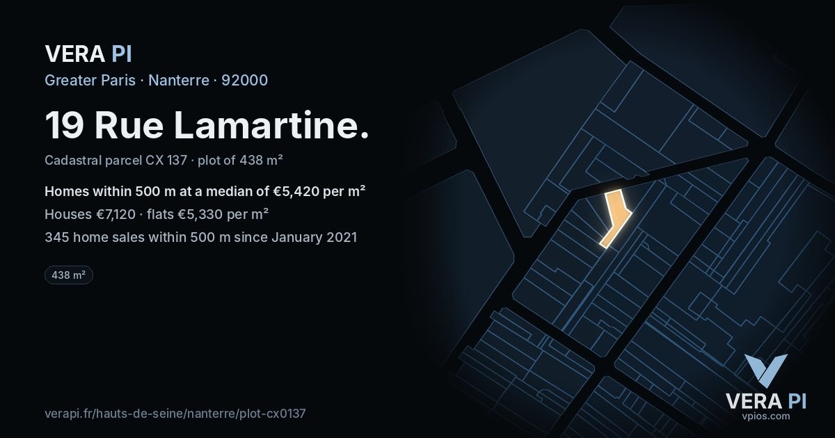 19 Rue Lamartine, Nanterre at night – the plot lit, the parcels around coloured by the prices near them