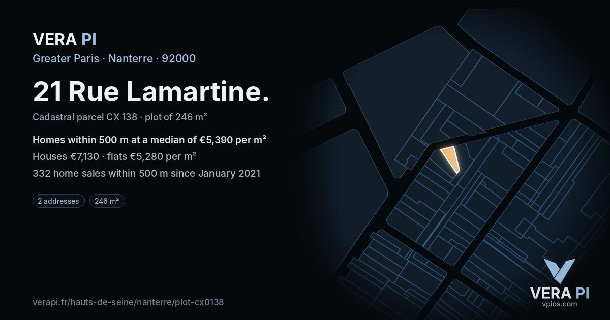 21 Rue Lamartine, Nanterre at night – the plot lit, the parcels around coloured by the prices near them