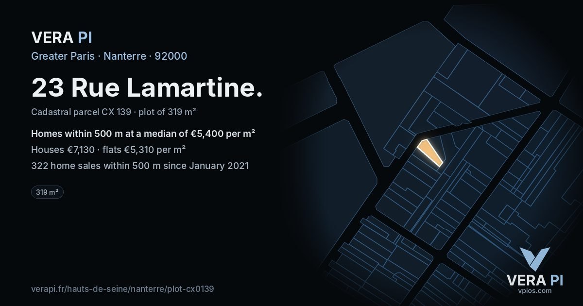 23 Rue Lamartine, Nanterre at night – the plot lit, the parcels around coloured by the prices near them