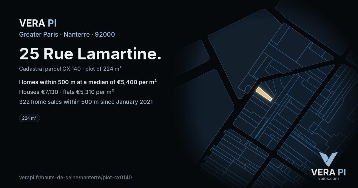 25 Rue Lamartine, Nanterre at night – the plot lit, the parcels around coloured by the prices near them