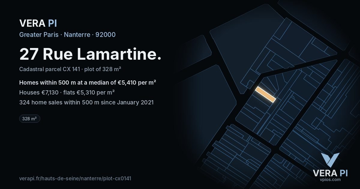 27 Rue Lamartine, Nanterre at night – the plot lit, the parcels around coloured by the prices near them