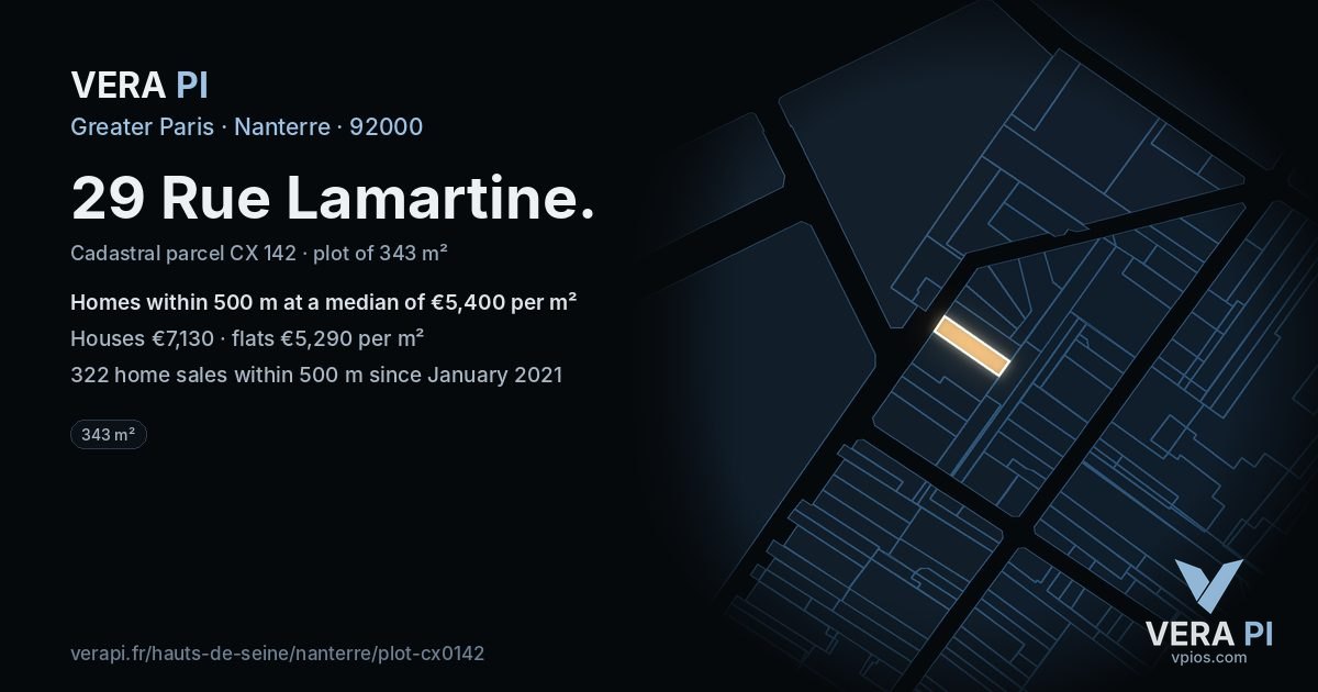 29 Rue Lamartine, Nanterre at night – the plot lit, the parcels around coloured by the prices near them