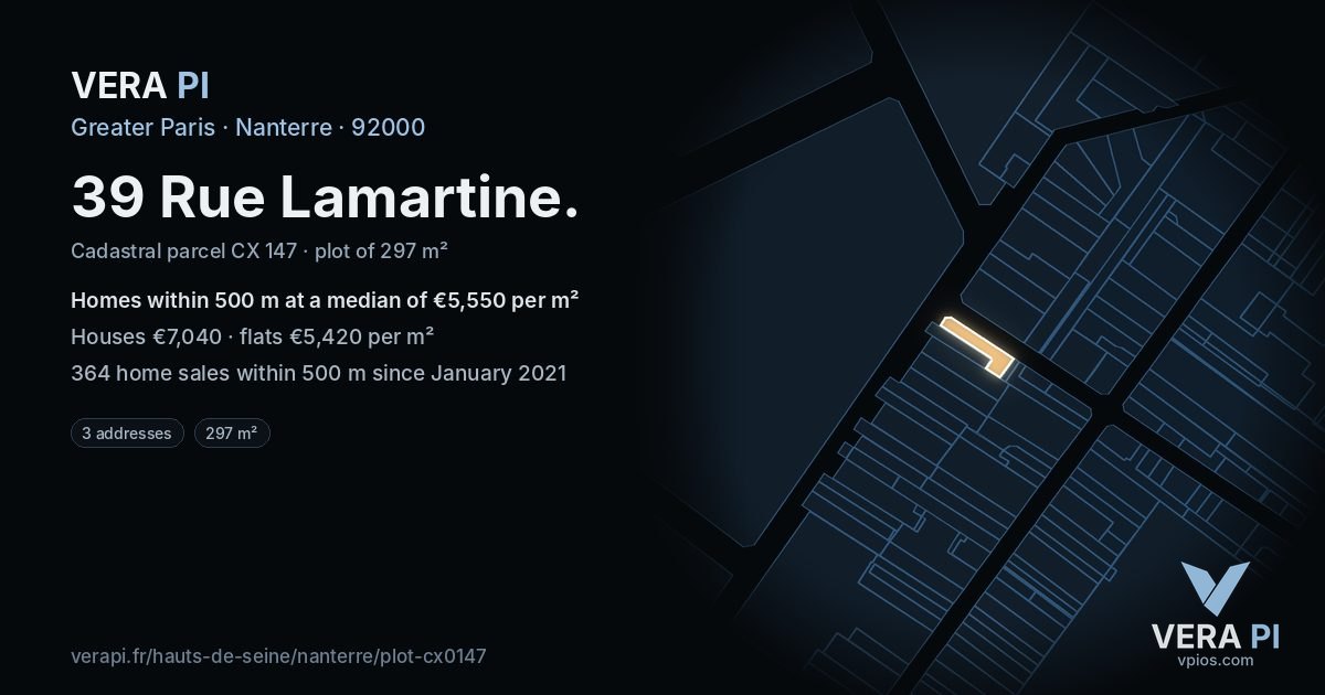 39 Rue Lamartine, Nanterre at night – the plot lit, the parcels around coloured by the prices near them
