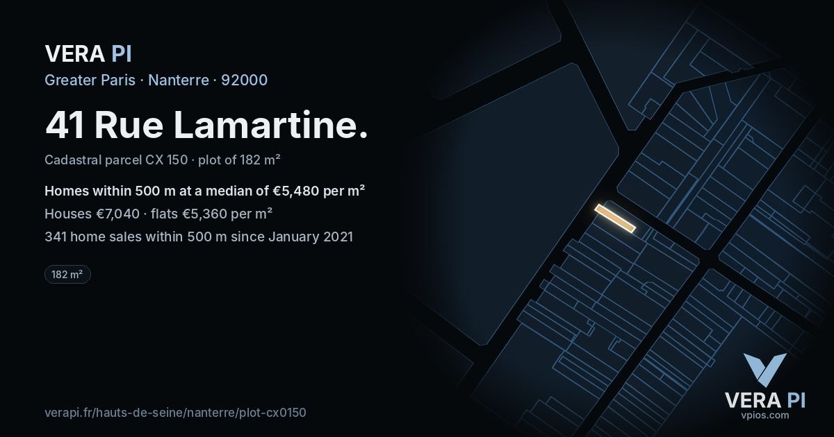 41 Rue Lamartine, Nanterre at night – the plot lit, the parcels around coloured by the prices near them