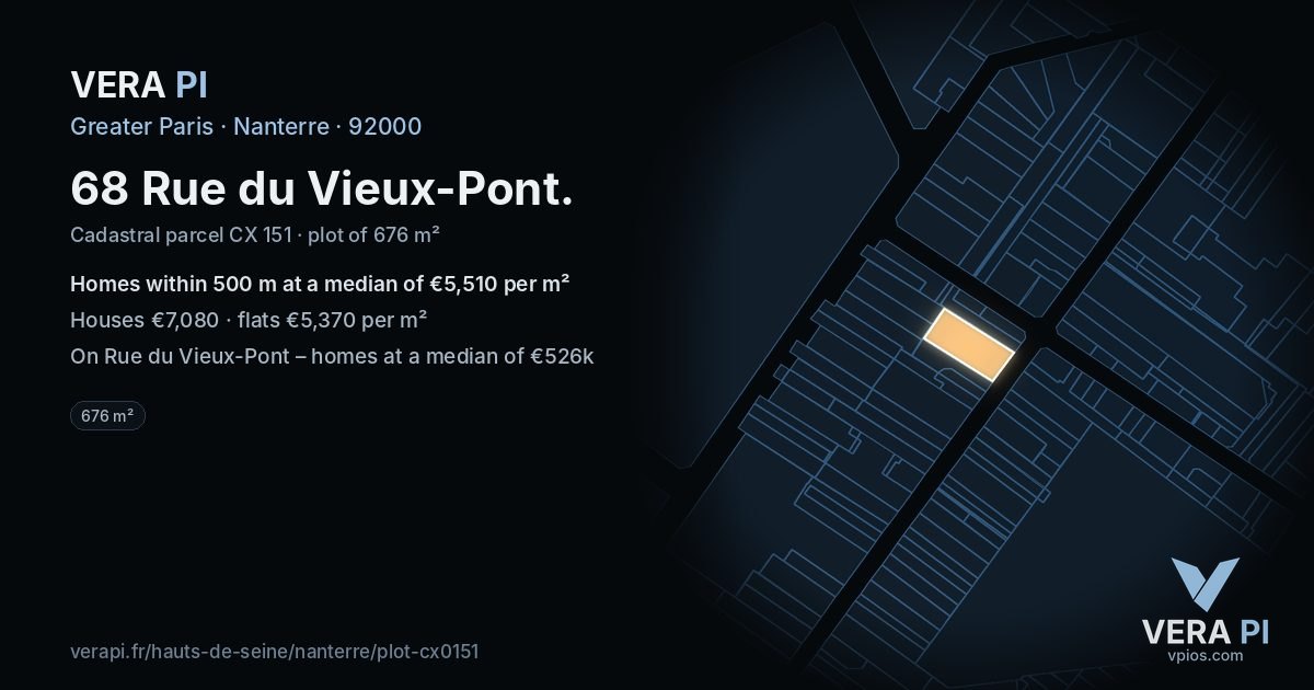 68 Rue du Vieux-Pont, Nanterre at night – the plot lit, the parcels around coloured by the prices near them