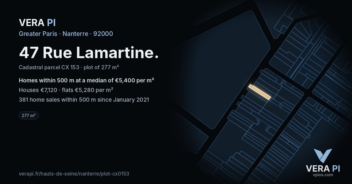 47 Rue Lamartine, Nanterre at night – the plot lit, the parcels around coloured by the prices near them