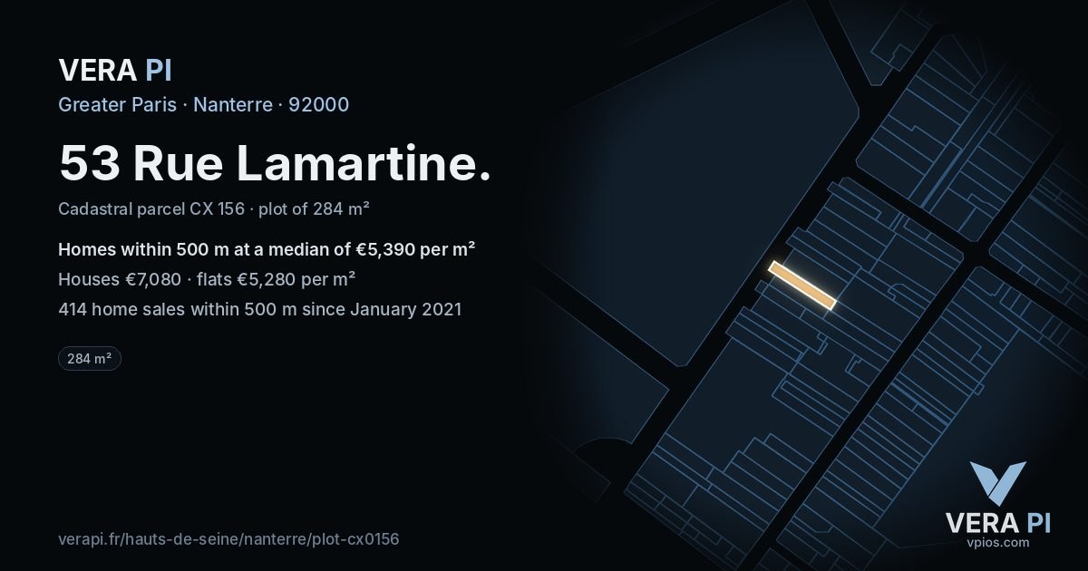 53 Rue Lamartine, Nanterre at night – the plot lit, the parcels around coloured by the prices near them