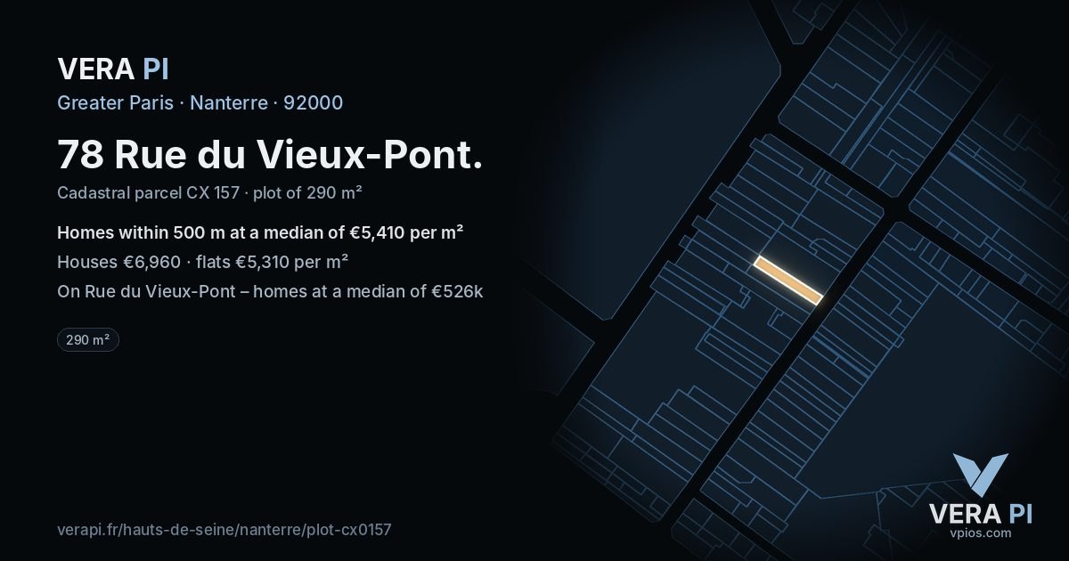 78 Rue du Vieux-Pont, Nanterre at night – the plot lit, the parcels around coloured by the prices near them
