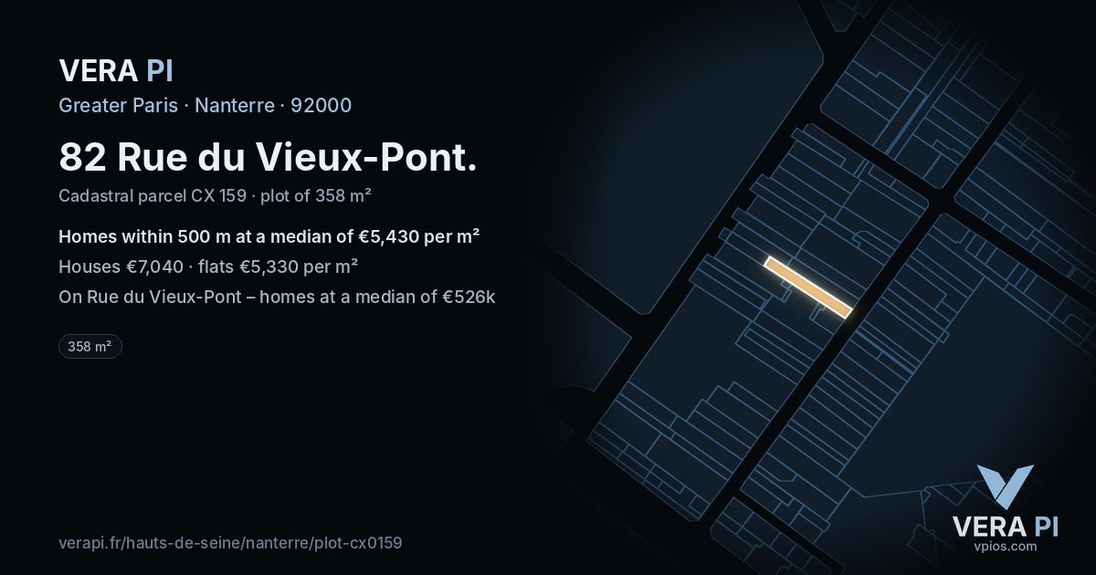 82 Rue du Vieux-Pont, Nanterre at night – the plot lit, the parcels around coloured by the prices near them