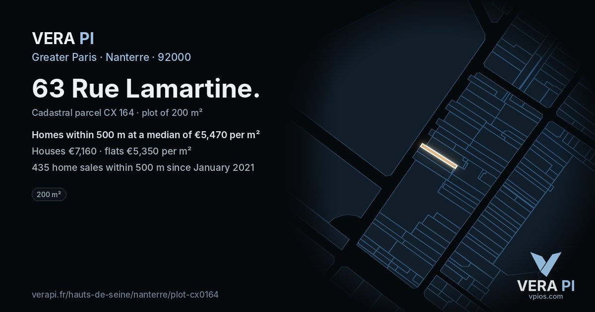 63 Rue Lamartine, Nanterre at night – the plot lit, the parcels around coloured by the prices near them