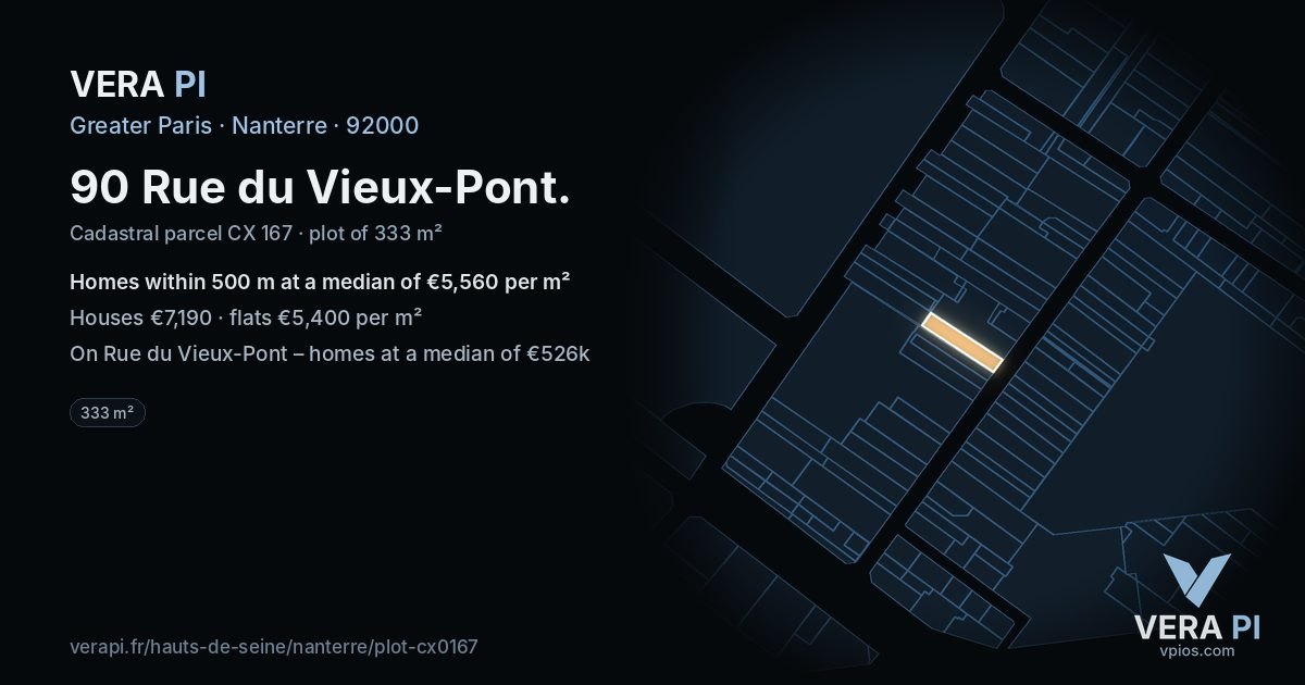 90 Rue du Vieux-Pont, Nanterre at night – the plot lit, the parcels around coloured by the prices near them