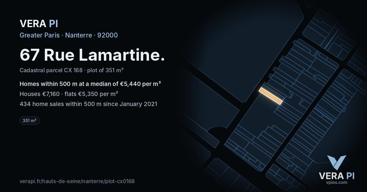 67 Rue Lamartine, Nanterre at night – the plot lit, the parcels around coloured by the prices near them