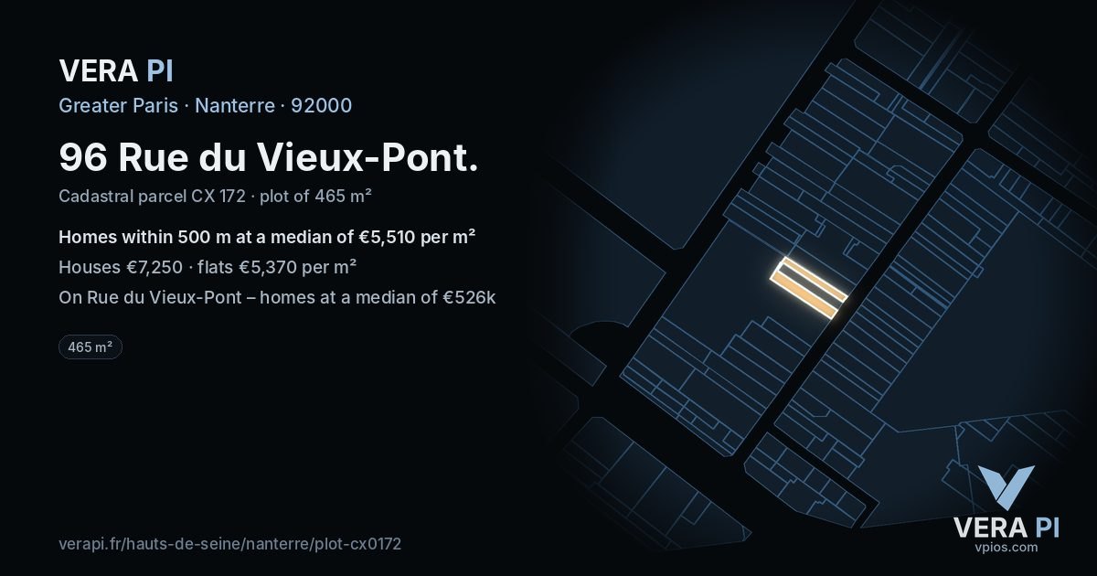 96 Rue du Vieux-Pont, Nanterre at night – the plot lit, the parcels around coloured by the prices near them