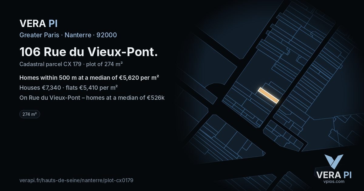 106 Rue du Vieux-Pont, Nanterre at night – the plot lit, the parcels around coloured by the prices near them