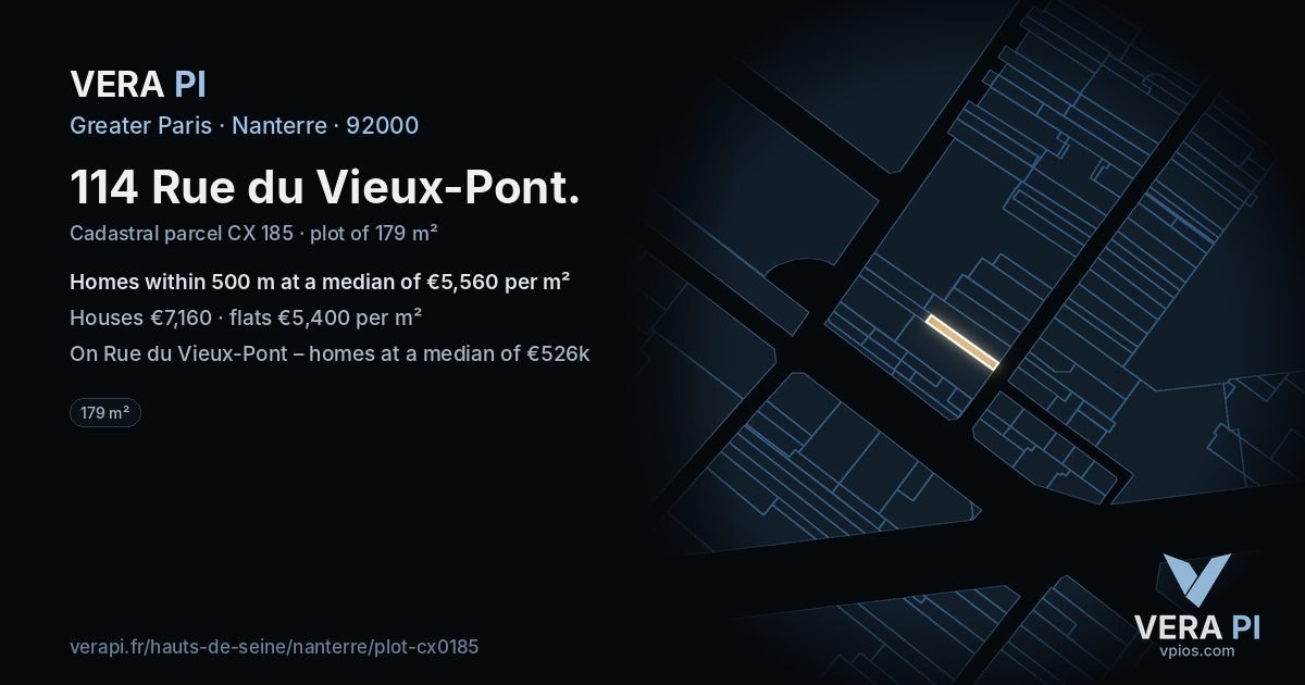114 Rue du Vieux-Pont, Nanterre at night – the plot lit, the parcels around coloured by the prices near them