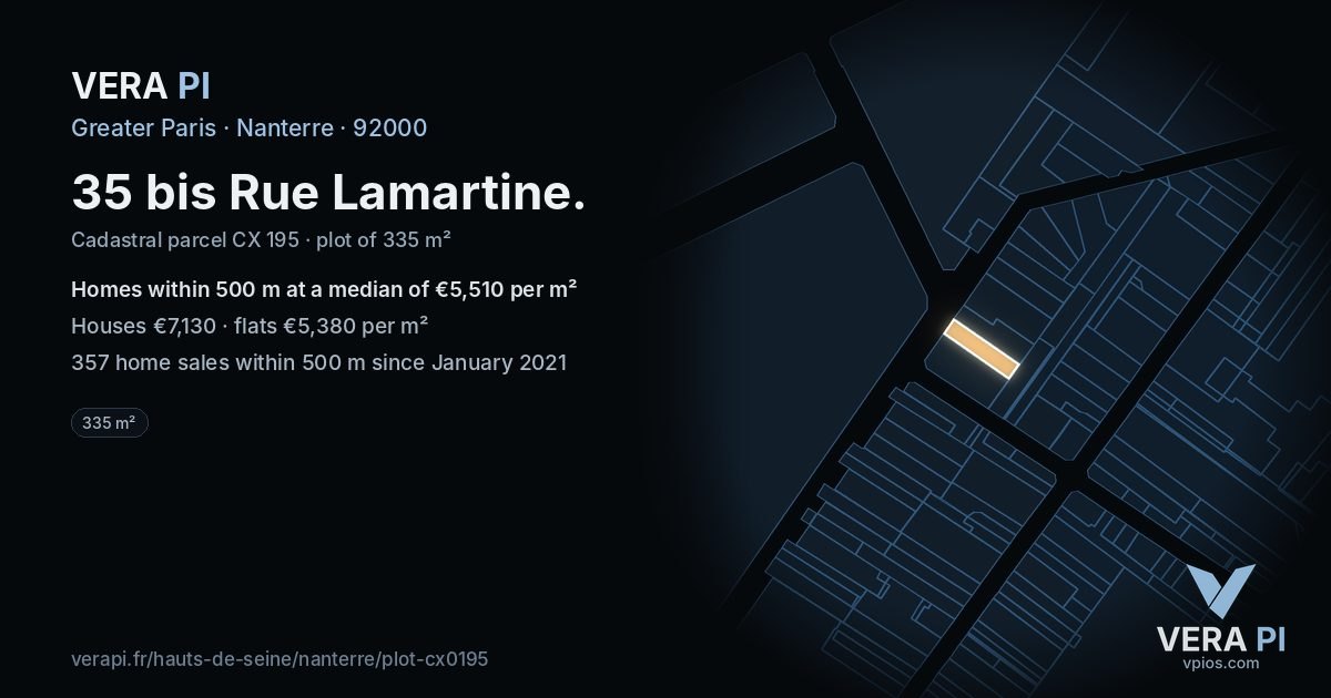 35 bis Rue Lamartine, Nanterre at night – the plot lit, the parcels around coloured by the prices near them