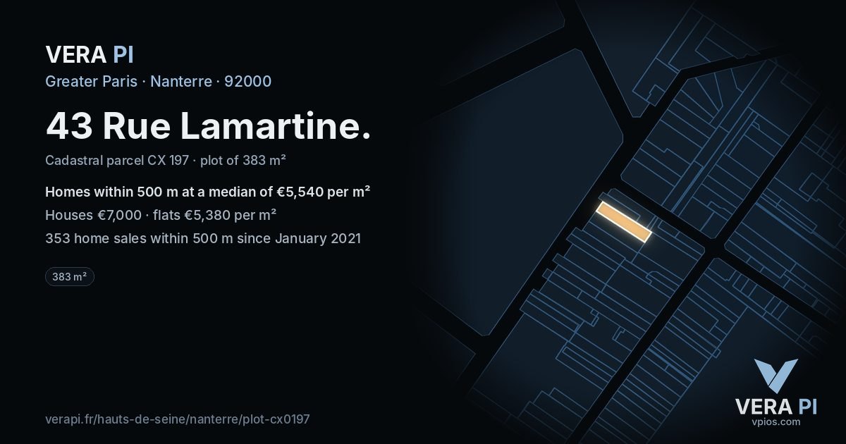 43 Rue Lamartine, Nanterre at night – the plot lit, the parcels around coloured by the prices near them