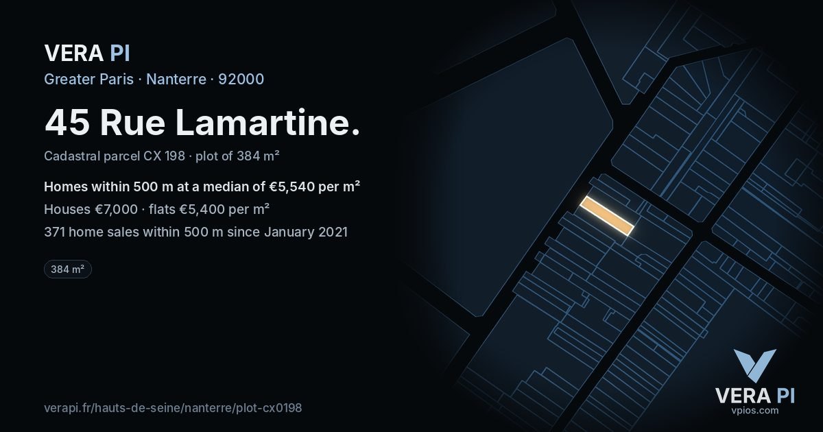 45 Rue Lamartine, Nanterre at night – the plot lit, the parcels around coloured by the prices near them
