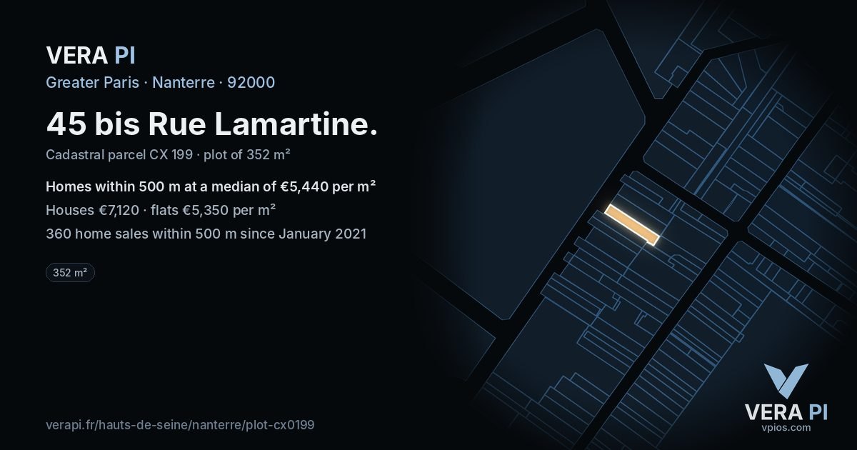 45 bis Rue Lamartine, Nanterre at night – the plot lit, the parcels around coloured by the prices near them