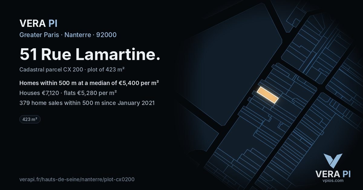 51 Rue Lamartine, Nanterre at night – the plot lit, the parcels around coloured by the prices near them