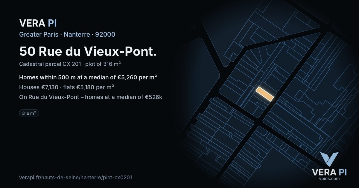 50 Rue du Vieux-Pont, Nanterre at night – the plot lit, the parcels around coloured by the prices near them