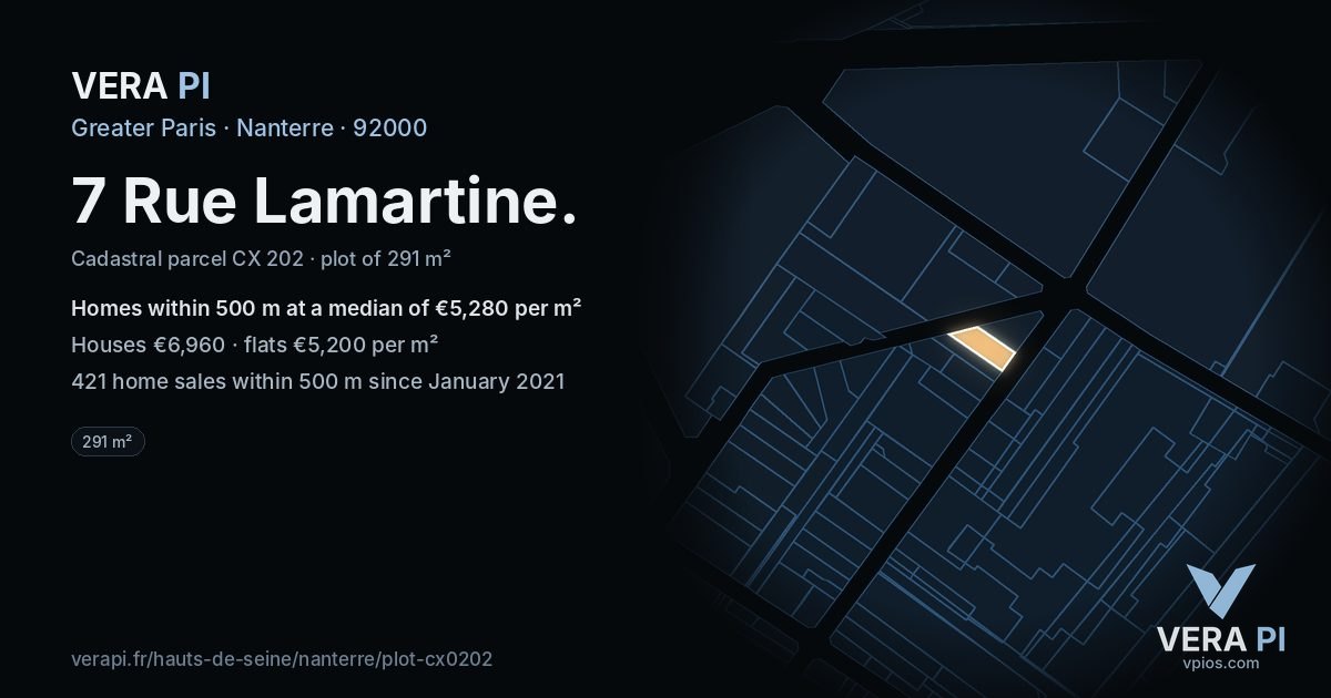 7 Rue Lamartine, Nanterre at night – the plot lit, the parcels around coloured by the prices near them