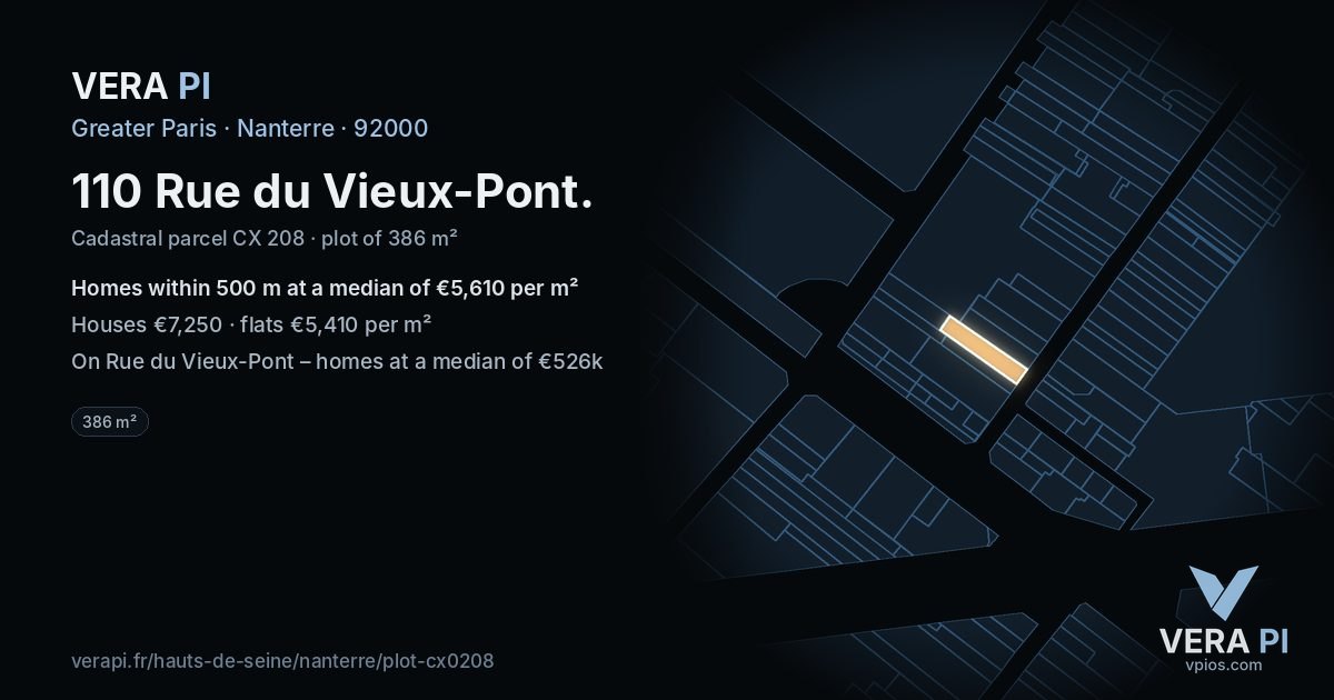 110 Rue du Vieux-Pont, Nanterre at night – the plot lit, the parcels around coloured by the prices near them