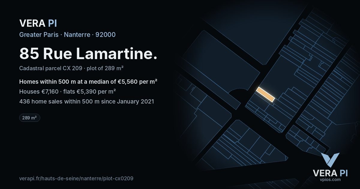 85 Rue Lamartine, Nanterre at night – the plot lit, the parcels around coloured by the prices near them