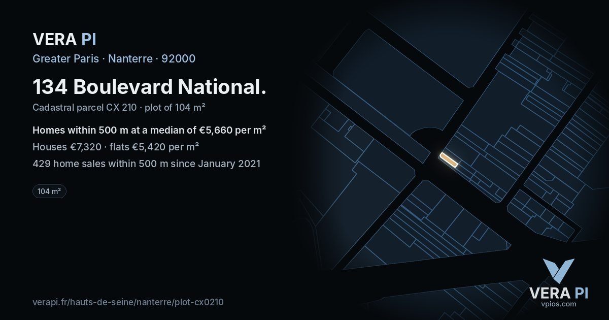 134 Boulevard National, Nanterre at night – the plot lit, the parcels around coloured by the prices near them