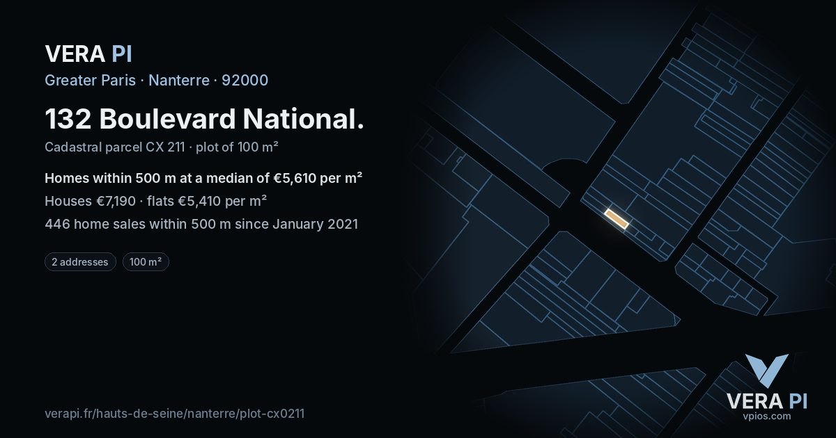 132 Boulevard National, Nanterre at night – the plot lit, the parcels around coloured by the prices near them