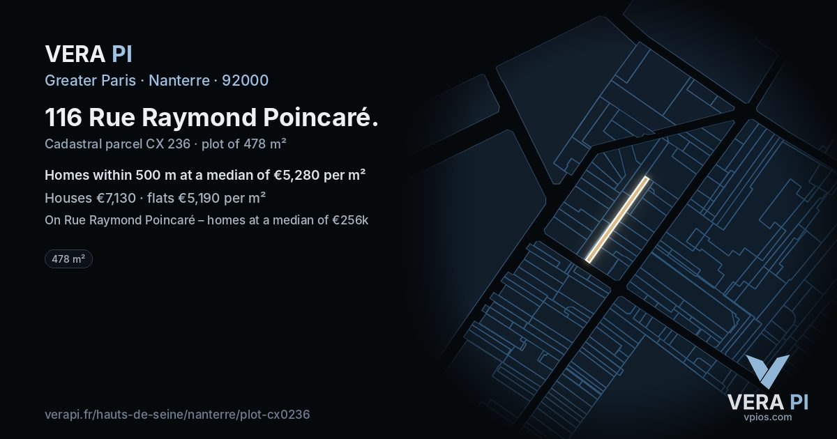 116 Rue Raymond Poincaré, Nanterre at night – the plot lit, the parcels around coloured by the prices near them