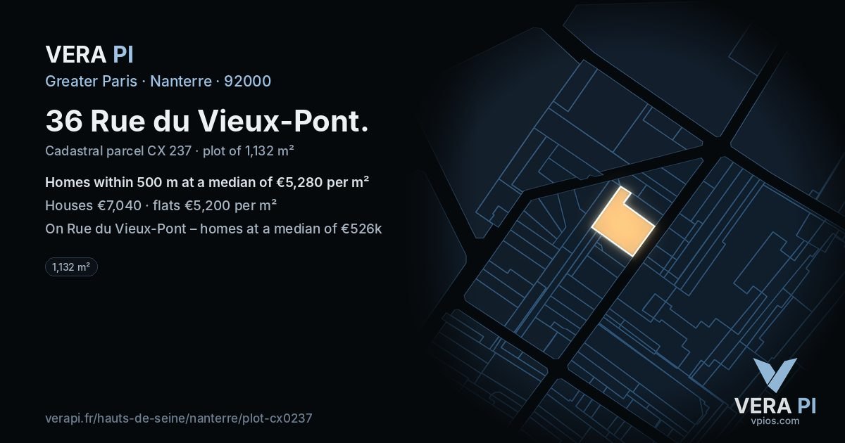 36 Rue du Vieux-Pont, Nanterre at night – the plot lit, the parcels around coloured by the prices near them