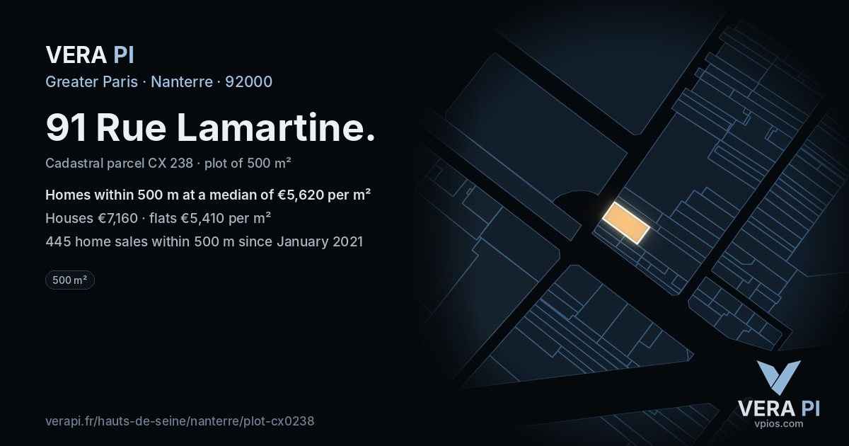91 Rue Lamartine, Nanterre at night – the plot lit, the parcels around coloured by the prices near them