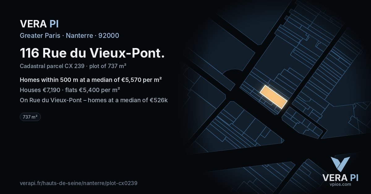 116 Rue du Vieux-Pont, Nanterre at night – the plot lit, the parcels around coloured by the prices near them
