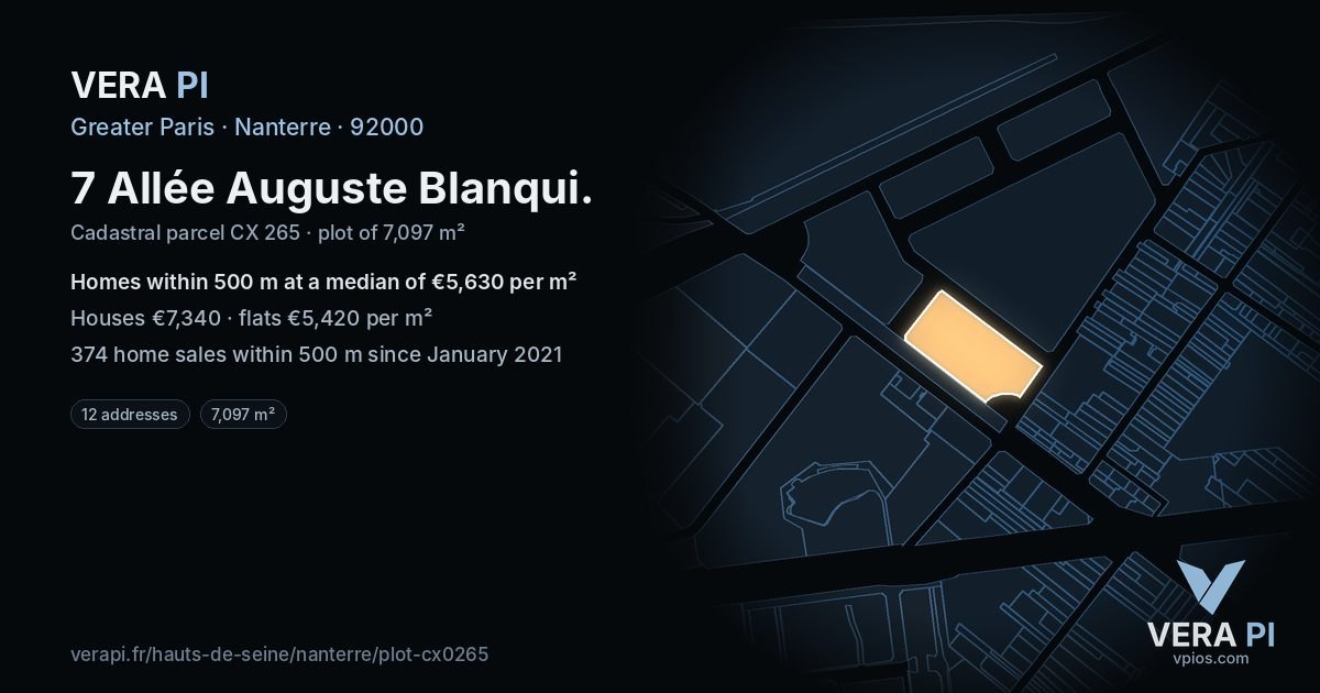 7 Allée Auguste Blanqui, Nanterre at night – the plot lit, the parcels around coloured by the prices near them