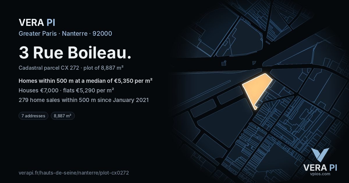 3 Rue Boileau, Nanterre at night – the plot lit, the parcels around coloured by the prices near them