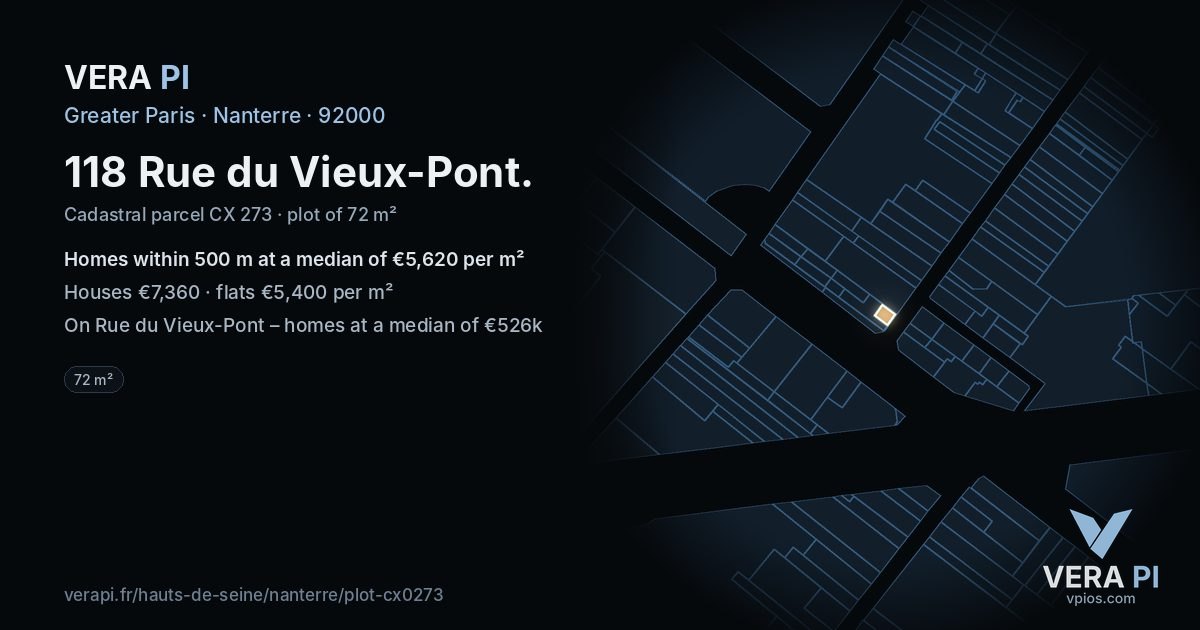 118 Rue du Vieux-Pont, Nanterre at night – the plot lit, the parcels around coloured by the prices near them