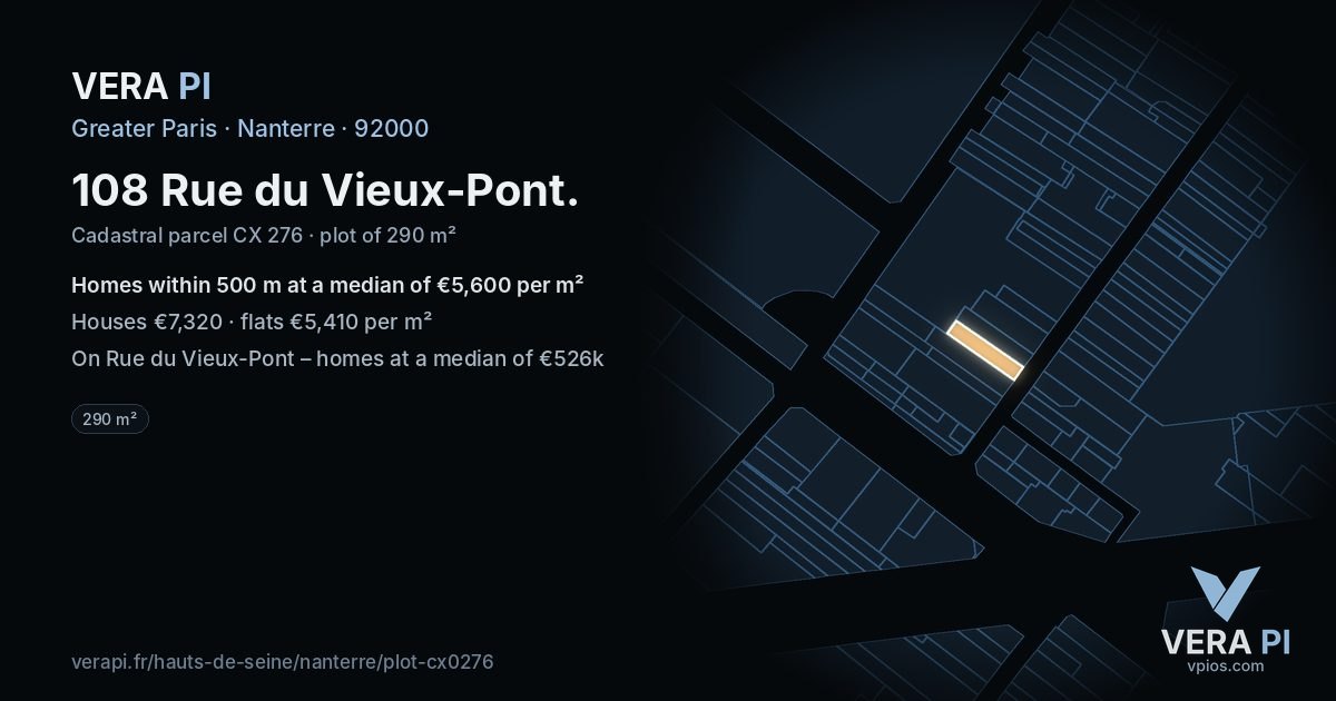 108 Rue du Vieux-Pont, Nanterre at night – the plot lit, the parcels around coloured by the prices near them