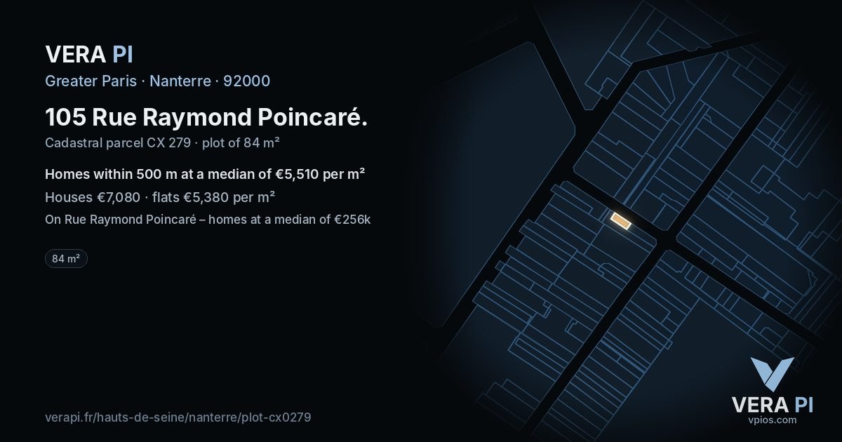 105 Rue Raymond Poincaré, Nanterre at night – the plot lit, the parcels around coloured by the prices near them
