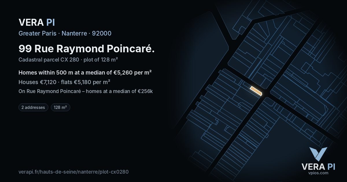 99 Rue Raymond Poincaré, Nanterre at night – the plot lit, the parcels around coloured by the prices near them