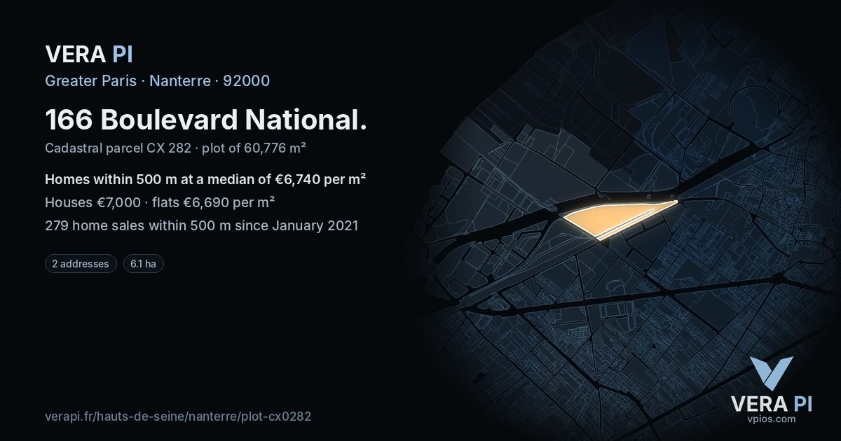 166 Boulevard National, Nanterre at night – the plot lit, the parcels around coloured by the prices near them