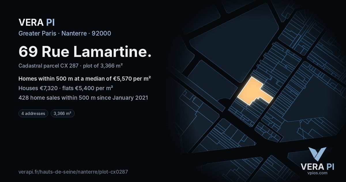 69 Rue Lamartine, Nanterre at night – the plot lit, the parcels around coloured by the prices near them