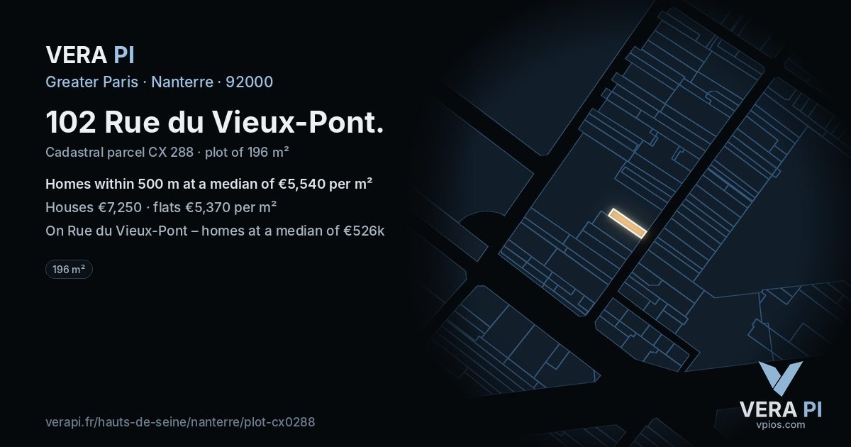 102 Rue du Vieux-Pont, Nanterre at night – the plot lit, the parcels around coloured by the prices near them
