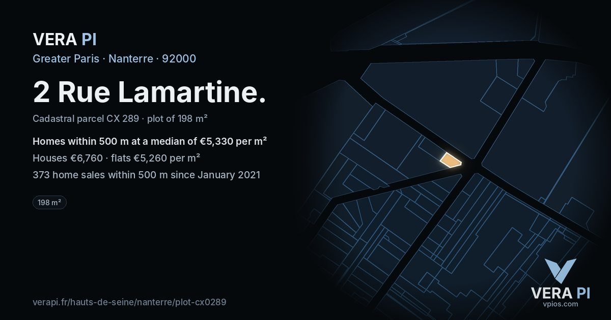2 Rue Lamartine, Nanterre at night – the plot lit, the parcels around coloured by the prices near them