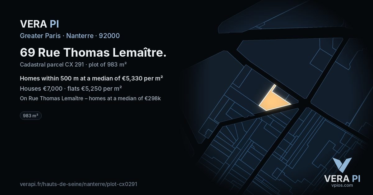69 Rue Thomas Lemaître, Nanterre at night – the plot lit, the parcels around coloured by the prices near them