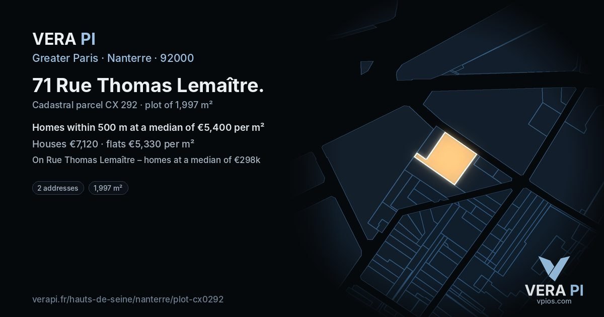 71 Rue Thomas Lemaître, Nanterre at night – the plot lit, the parcels around coloured by the prices near them