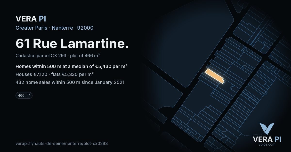61 Rue Lamartine, Nanterre at night – the plot lit, the parcels around coloured by the prices near them